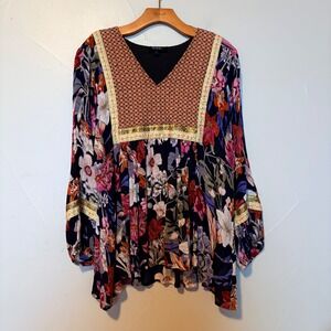 RD + Koko Women Navy Blue Floral Boho Peplum Peasant Top Embroidered V-Neck L